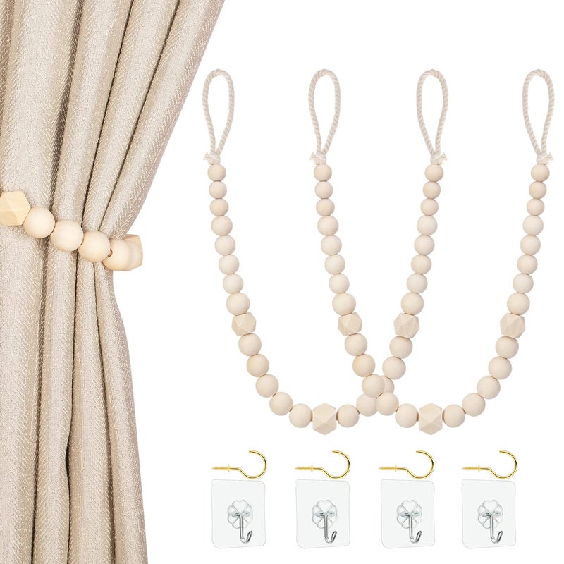 KLOGTSIND Wood Bead Curtain Tiebacks, KLOGTSIND Set of 2 Curtain Holdbacks for Thin or Thick Window Draperies, Boho Farmhouse Curtain Tiebacks with Hooks, Curtain Tie Backs for Home Office Room Decor - Image 1